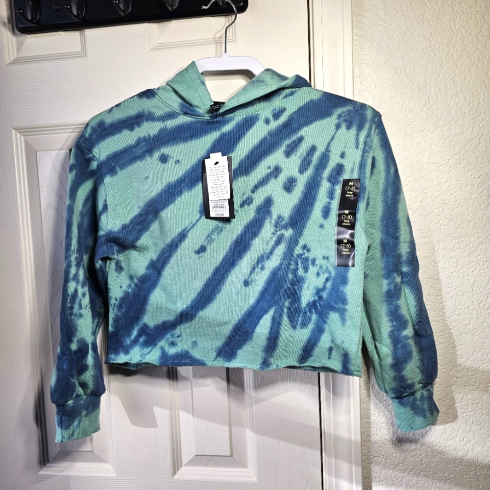 Art Class Girls Boxy Cropped Hoodie Fleece Tie Dye Green Blue NWT Size M 7/8 - Picture 3 of 8
